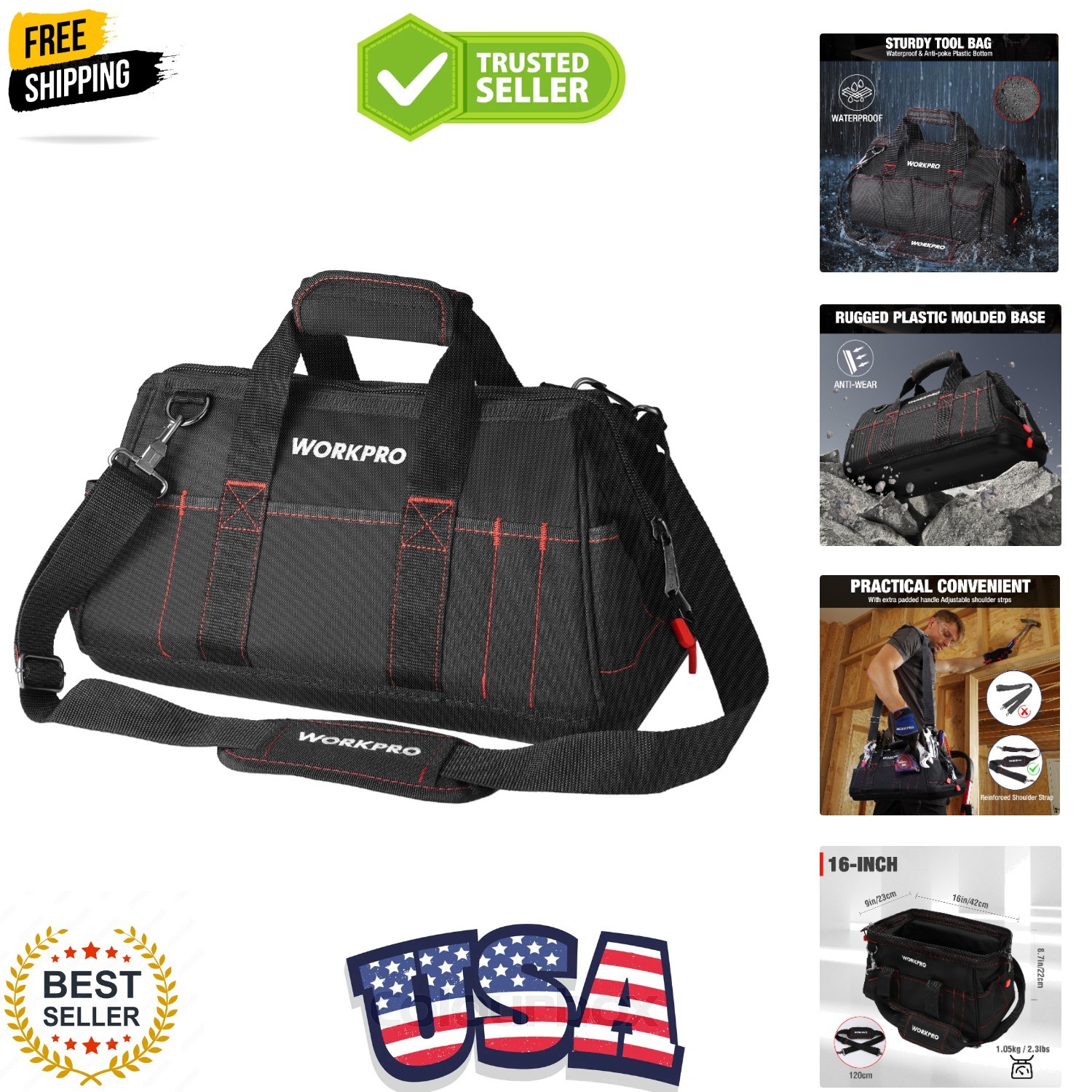 16-inch Close Top Wide Mouth Tool Storage Bag with Water Proof Rubber Base, W…