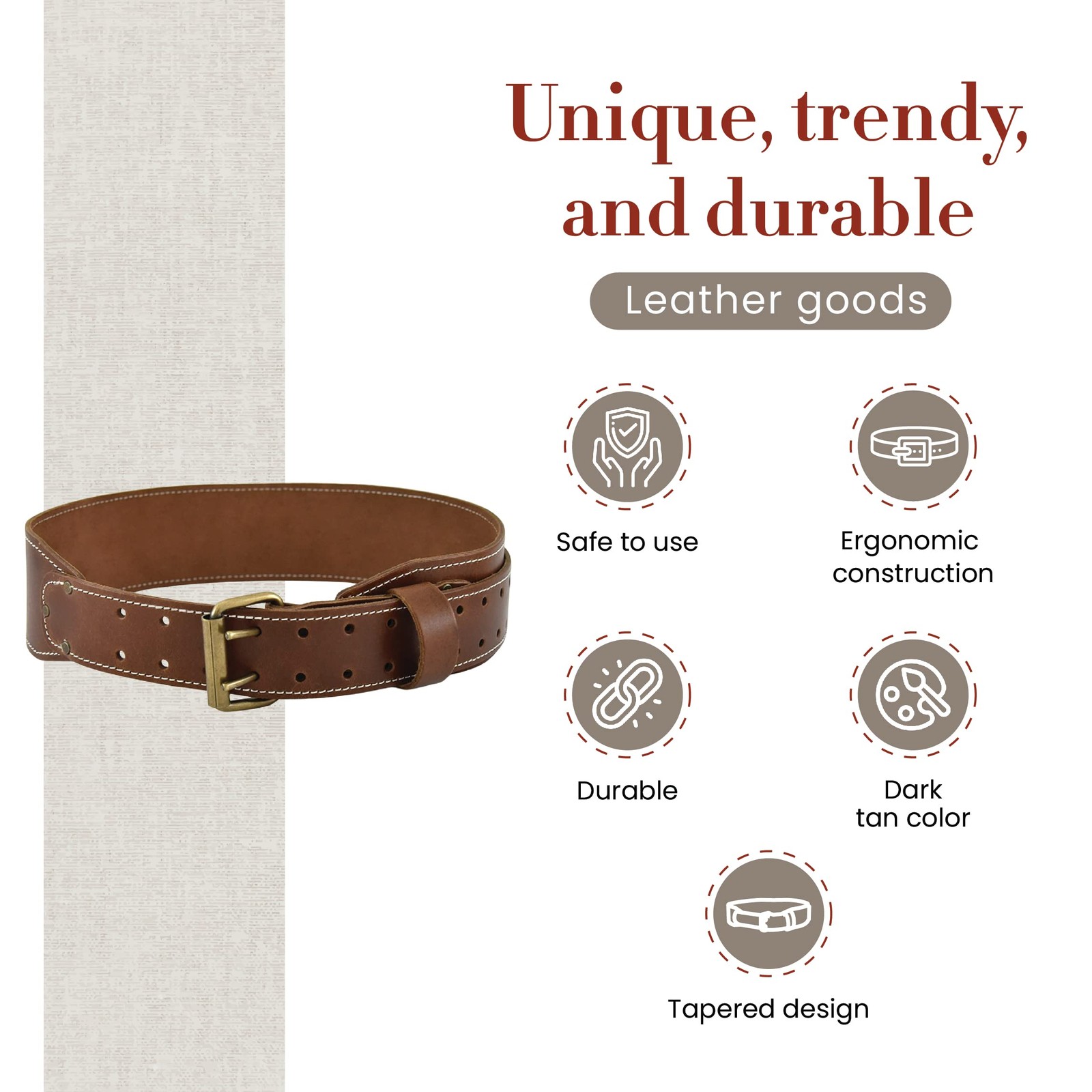 3 Inch Wide Extra Long FullGrain Leather Work Belt Durable Dark Tan 98439