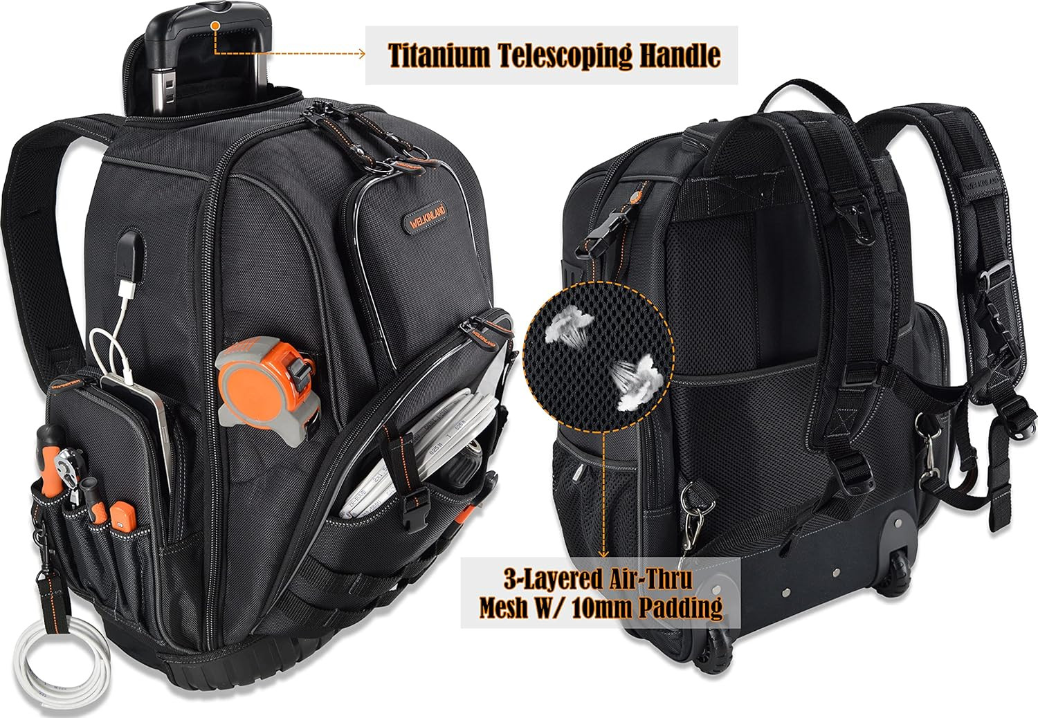 72Pockets Rolling Tool Backpack, Large Tool Bag with Wheels, Rolling Electrician
