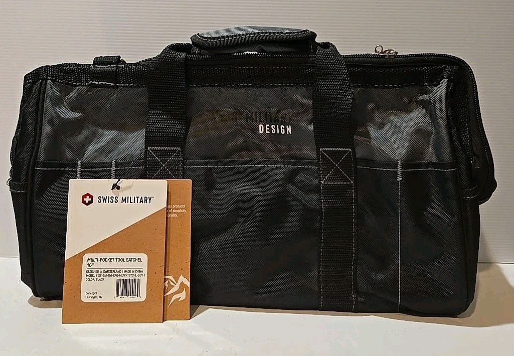 Swiss Military Multi Pocket Tool Satchel Large Black & Gray 16″ Heavy Duty NWT