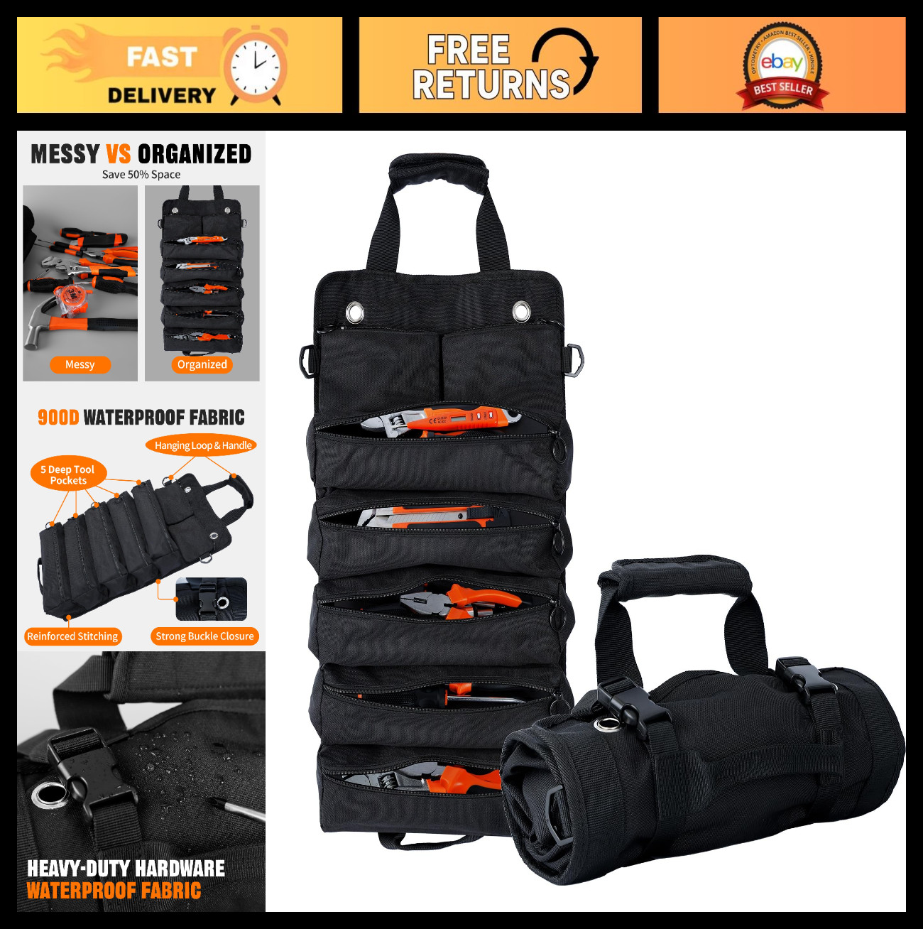 Heavy Duty Portable Foldable Tool Bag – 5 Compartment Waterproof Organizer with