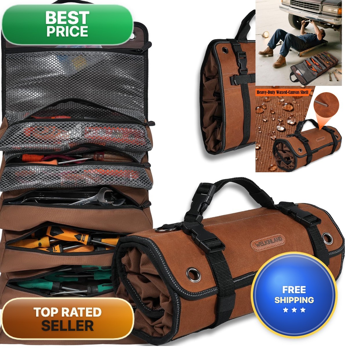 WELKINLAND 7-Pocket 15L Waxed Canvas Tool Bag Roll