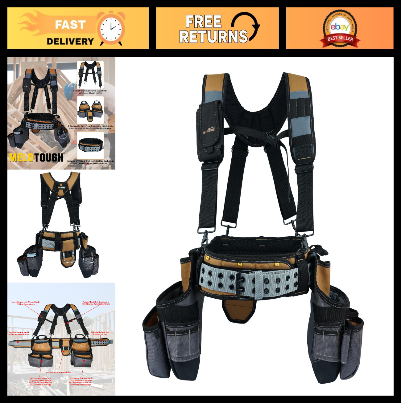 28-Pocket Heavy Duty Tool Belt with Padded Suspenders & Magnetic Holder – Perfec