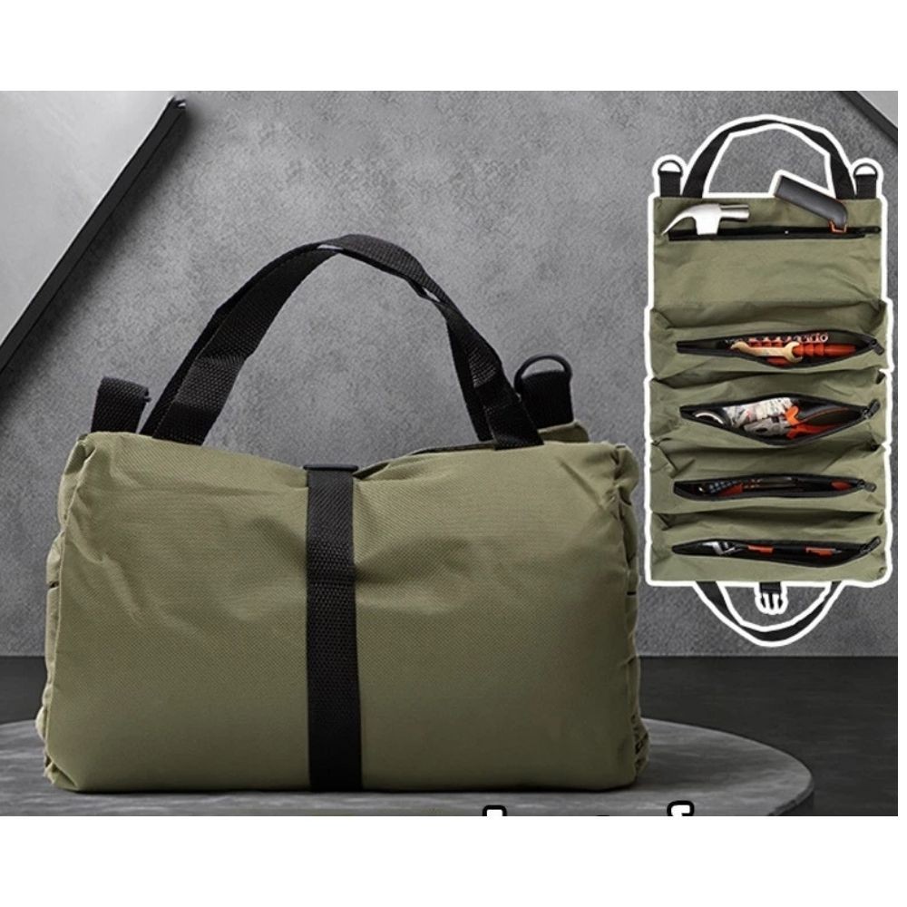 Portable Tool Roll Bag Oxford Multi Pocket Organizer Zipper Black Green