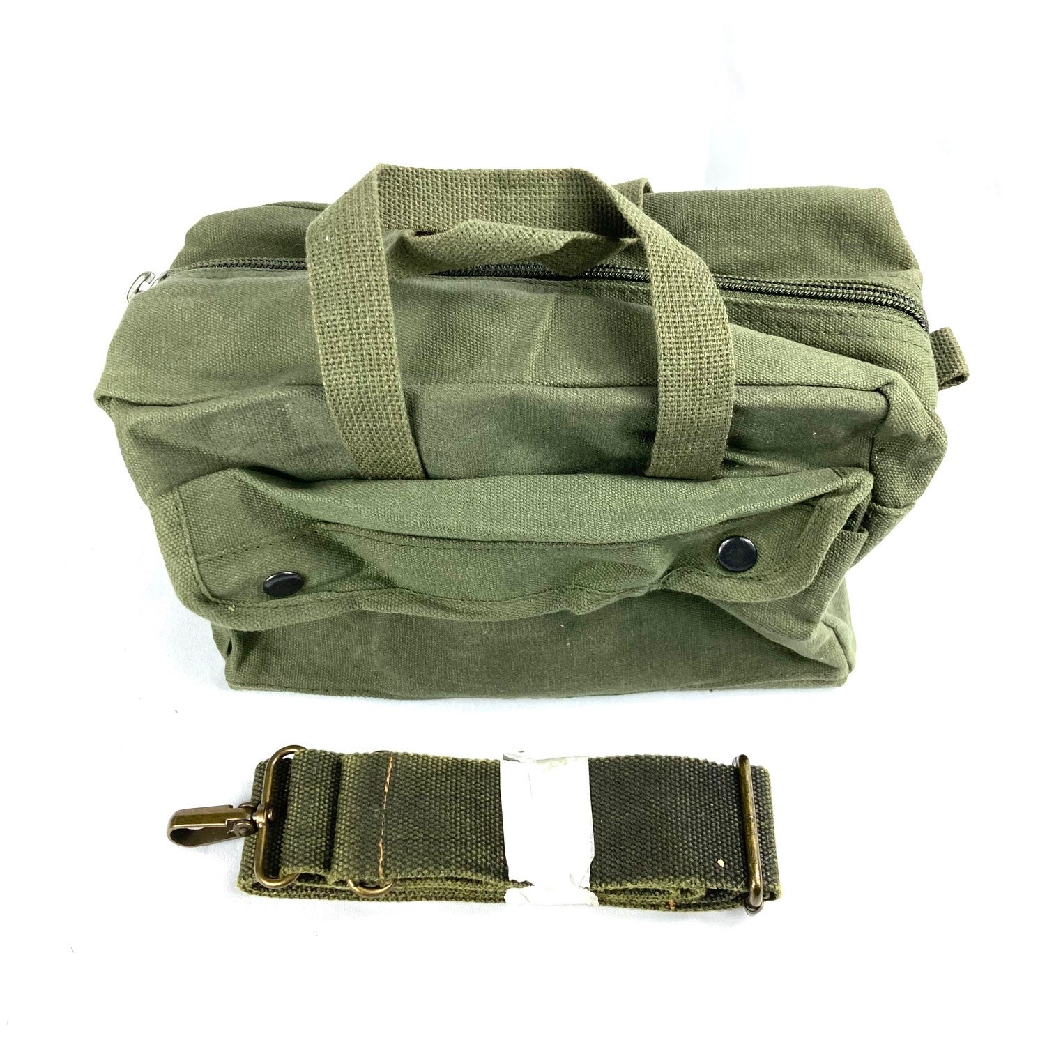 Green Canvas Tool Bag with side snap pocket reinforced bottom & zipper closure