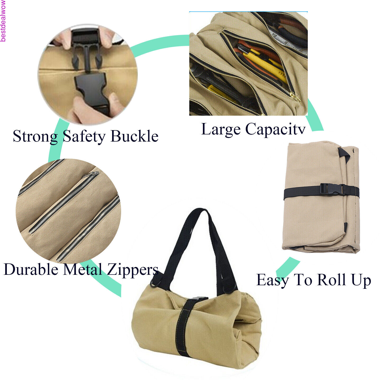 Roll Up Tool Organizer Wrench Storage Pouch 5 Pockets Mechanics Wrap Bag Brown