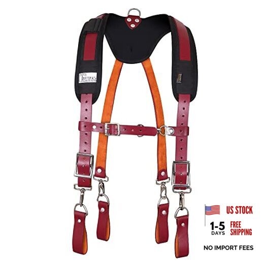Leather Work Suspenders With Pockets | Fully-Adjustable Padded Leather Maroon