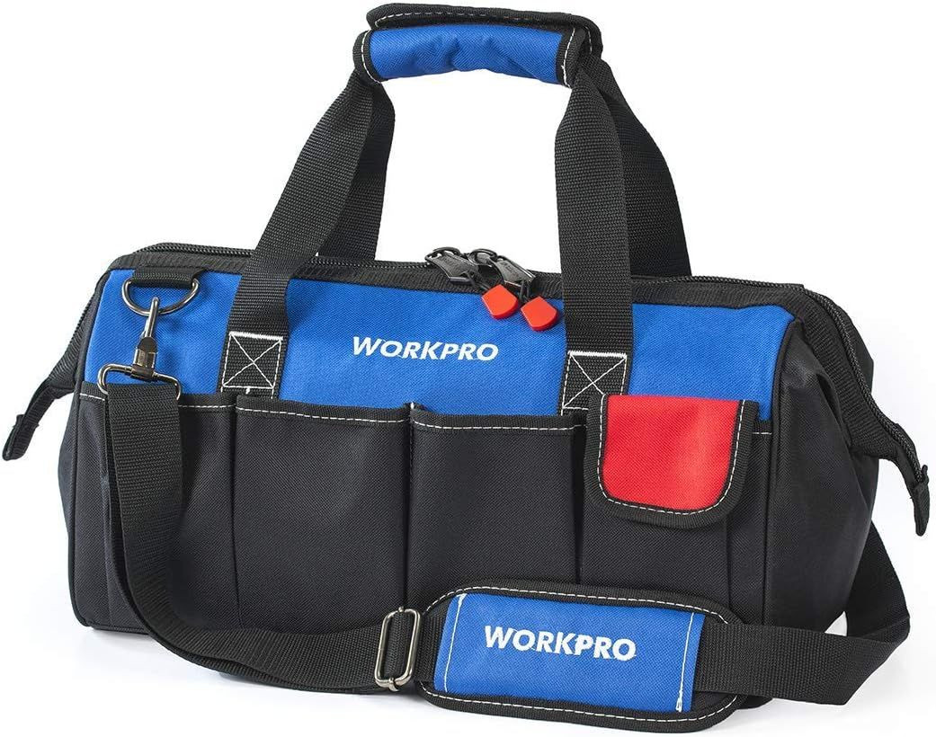 WORKPRO 18-inch Close Top Wide Mouth Storage Tool Bag 18-inch, Black/Red/Blue