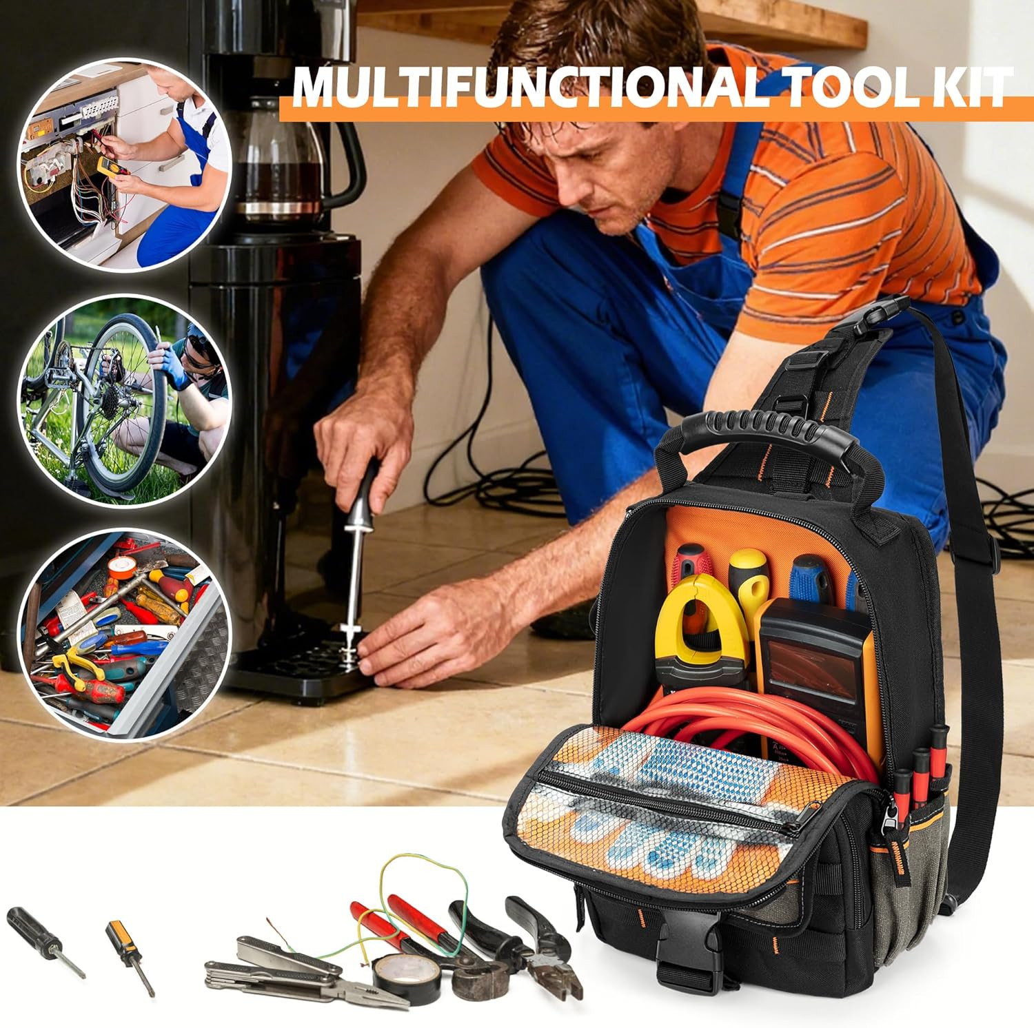 Electrician Tool Pouch Bag, Zippered HVAC Tool Organizer with Ergonomic Handle a
