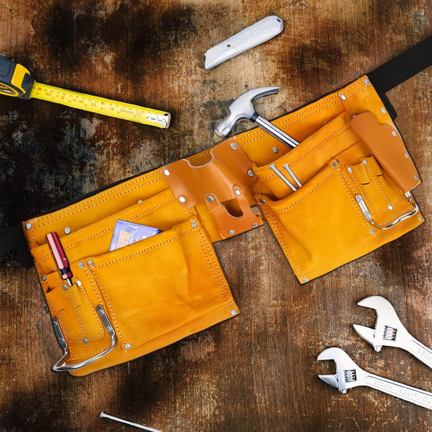 11 Pocket Leather Tool Belt w/ Quick Release Buckle Carpenter Construction Pouch