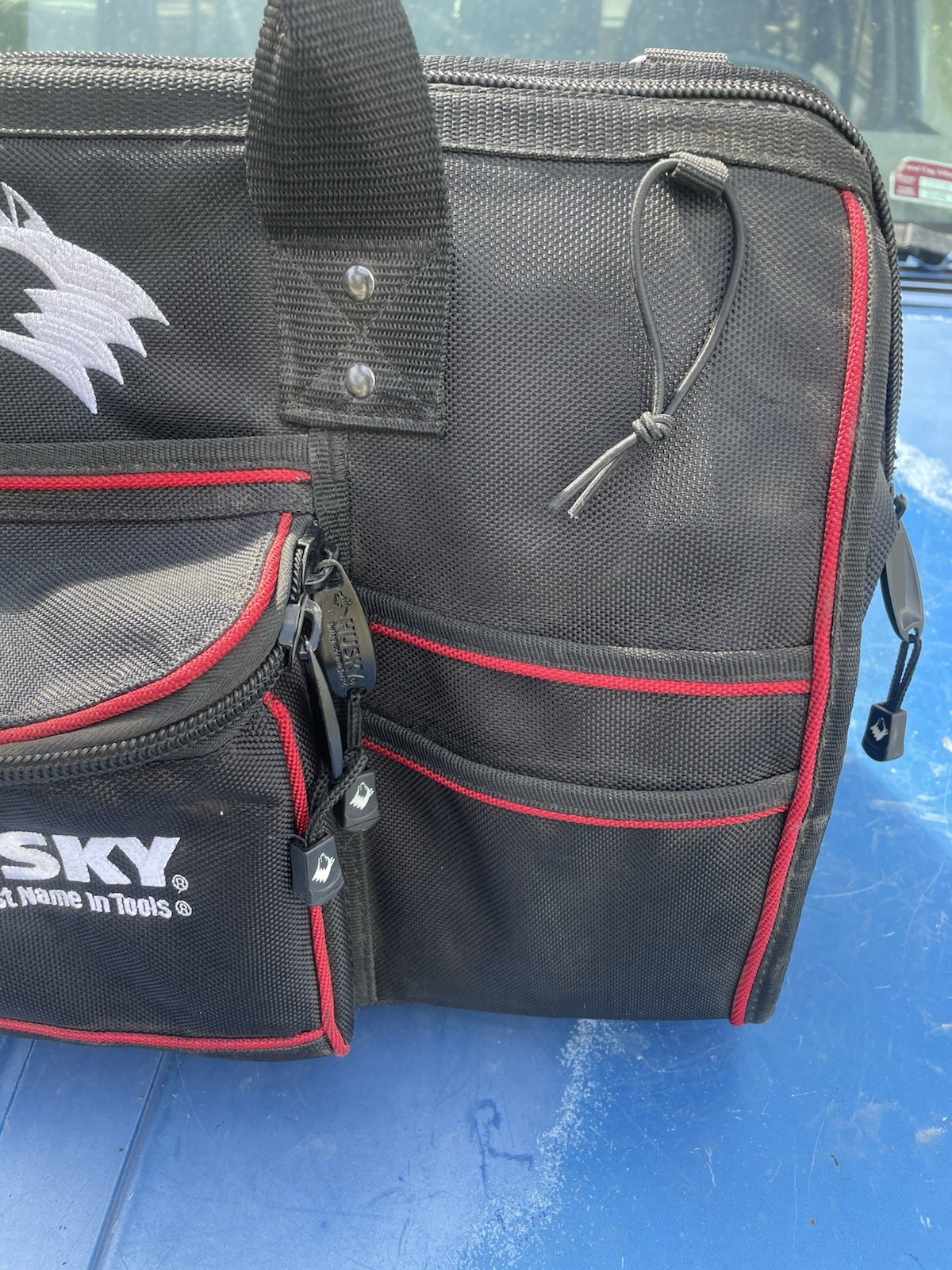 Husky Electrician Tool Bag Red/Black – 25″ w/ Strap & Handle 30+ Pockets Used
