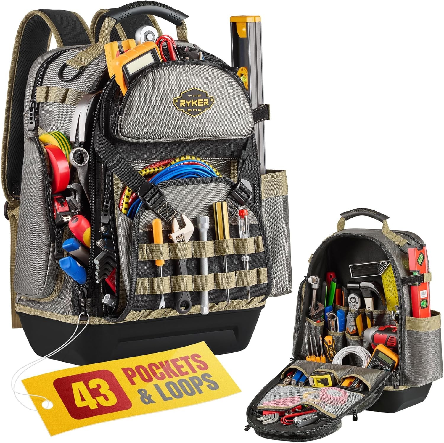 48-pocket tool backpack – with padded shoulder straps and reinforced bottom.