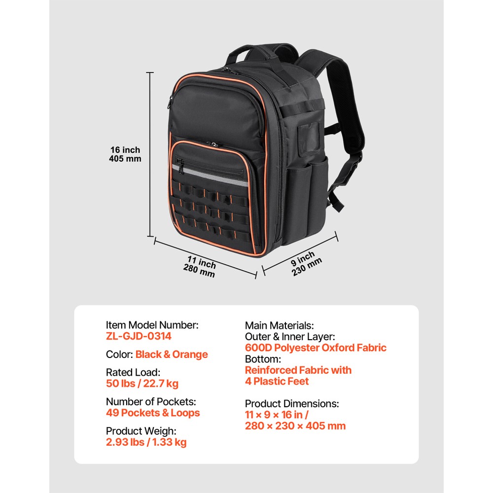 Tool Backpack 49 Pockets Tear-resistant Jobsite Backpack for Electrician