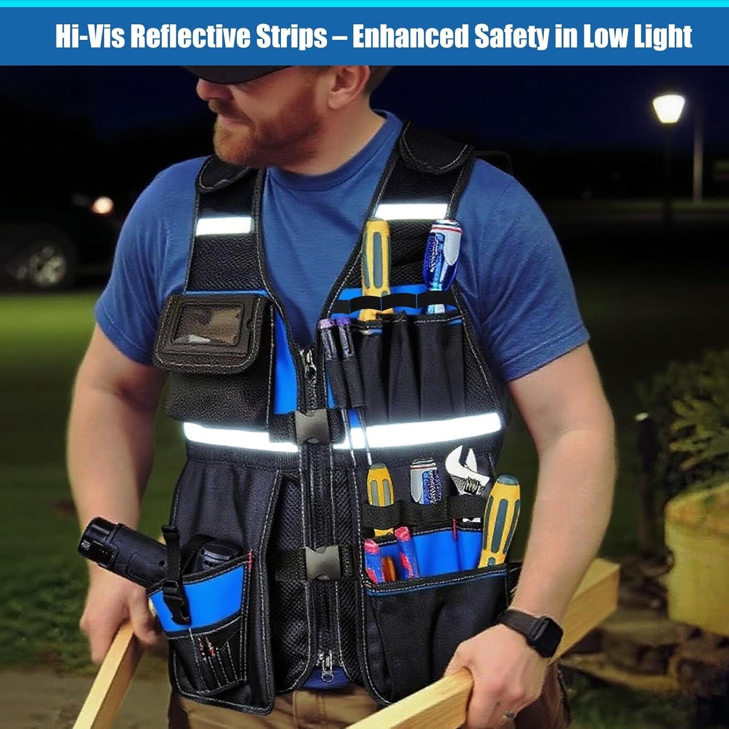 Heavy-Duty Electrician Tool Vest with Molded Holster & 16 Storage Spaces – Blue