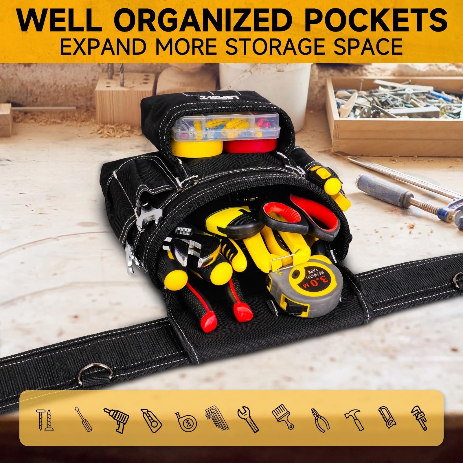 Heavy Duty Tool Belt with 4 D-Rings, 27 Pockets, Magnetic Pouch, Adjustable Util