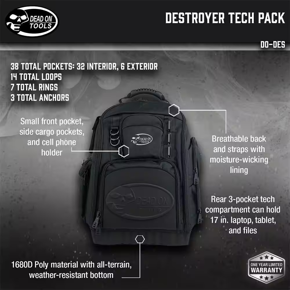 17 In. Destroyer Tech Pack Backpack Tool Pack with 34 Total Pockets