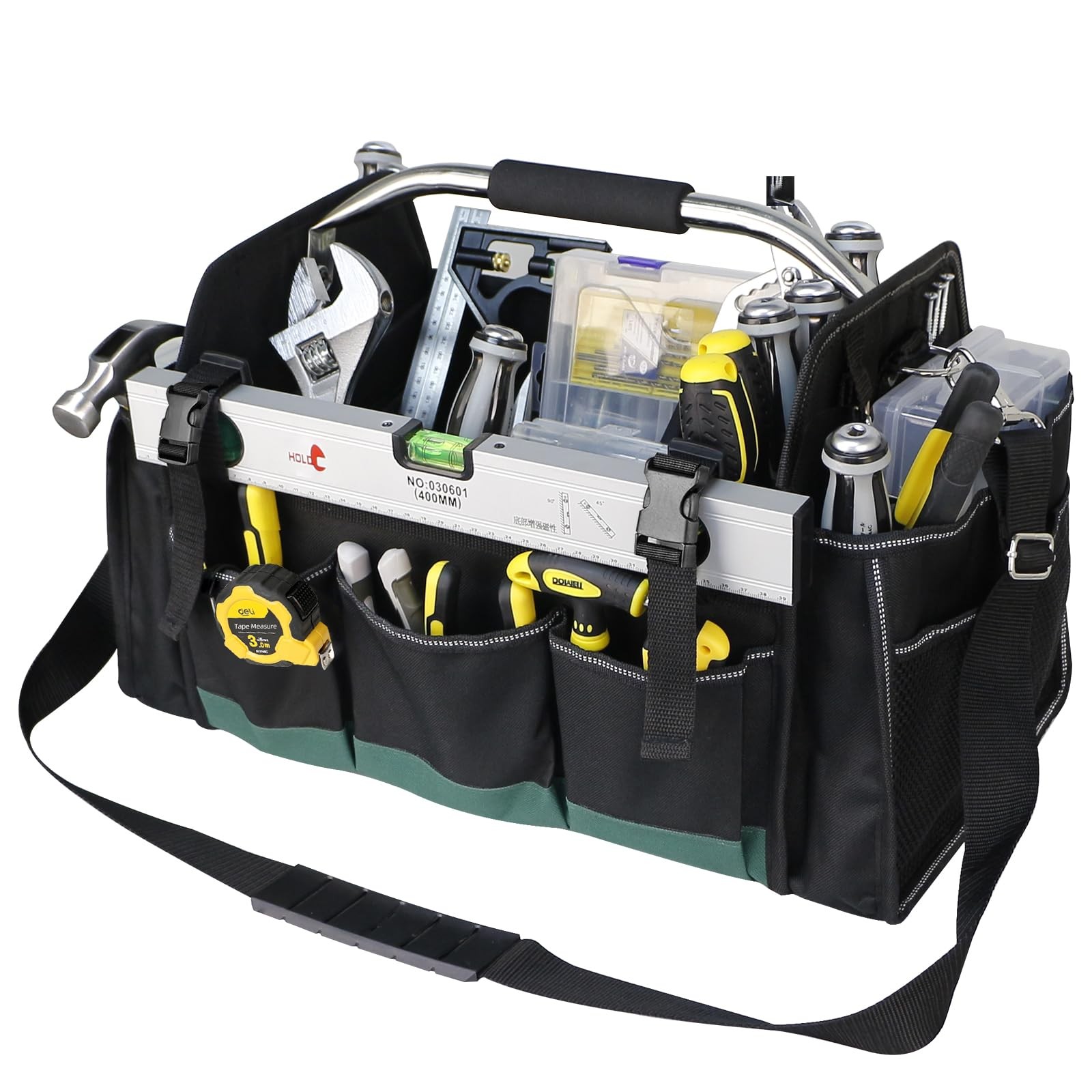 18 Inch Open Top Tool Bag 30 Pockets 1680D Waterproof Foldable Carrier Green