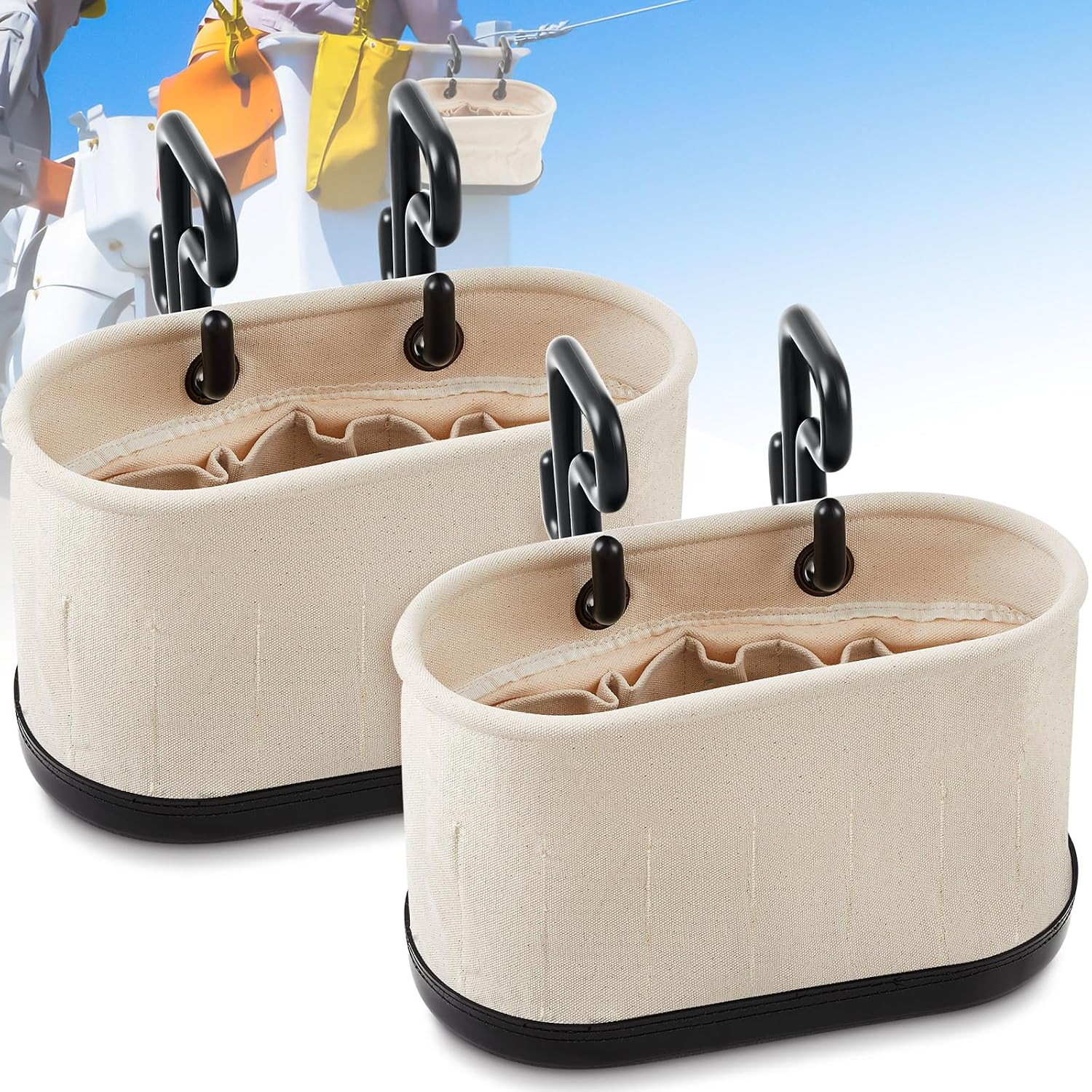 2 Set Canvas Bucket Bag Including Hooks Aerial Oval Tool Bucket with Black Polyp