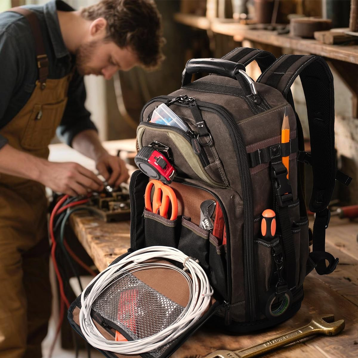 Heavy-Duty 36-Pocket Electrician Backpack – Durable Waxed-Canvas Tool Carrier