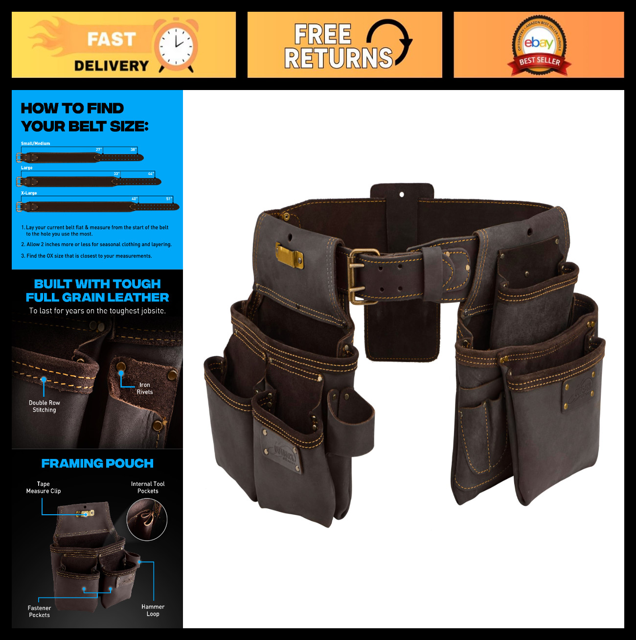 22-Pocket Leather Tool Belt – Oil-Tanned, Double-Stitched, Steel Rivets, Durable