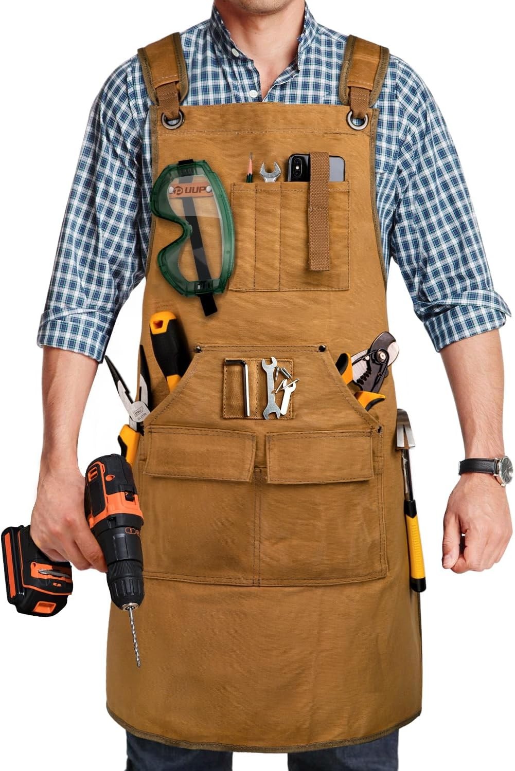 9-Pocket 20oz Canvas Woodworking Work Apron Adjustable S-3XL Khaki