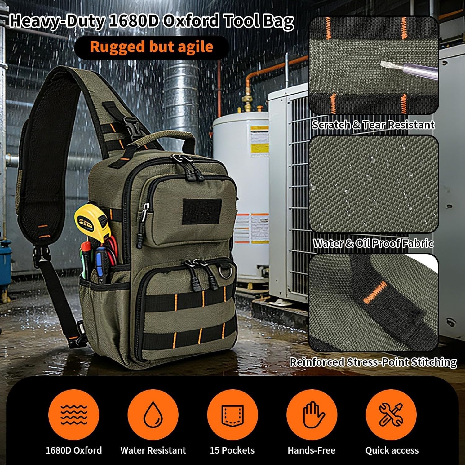 Tactical Electrician & HVAC Tool Chest Bag with 3-Point Harness, 15-Pocket 1680D