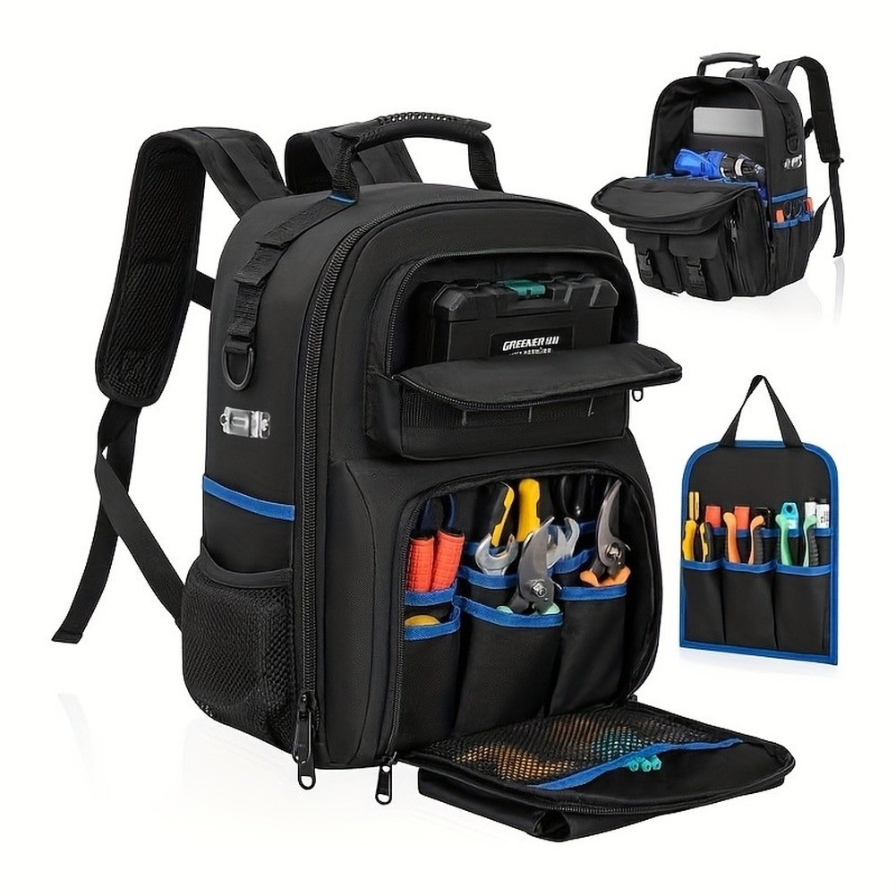 Tool Backpack with Movable Base Plate 30x16x40cm Black Fabric Construction