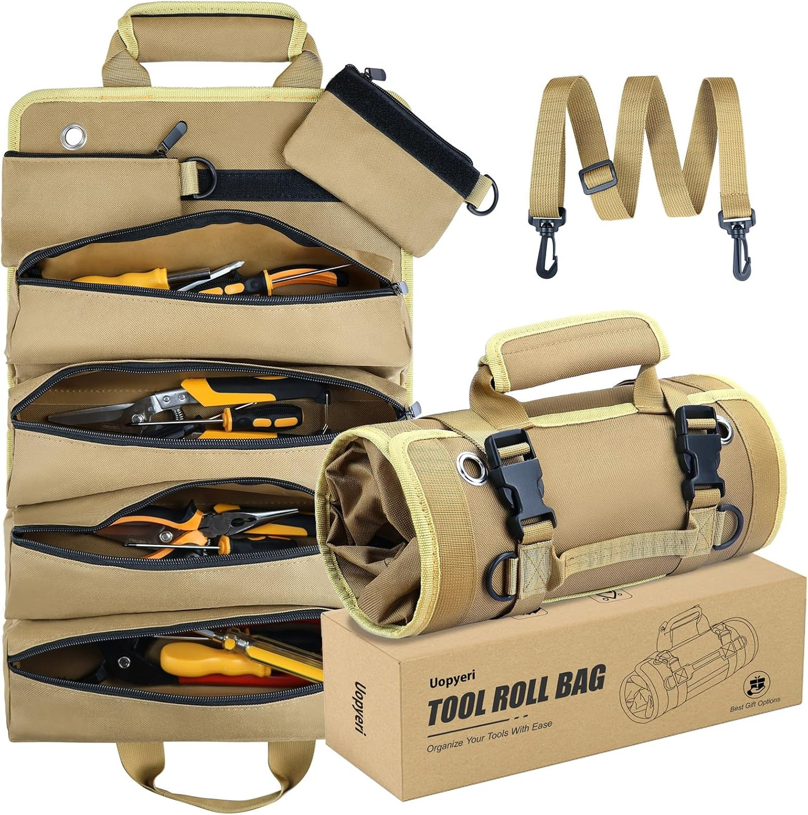 Tool Roll Bag Heavy Duty Organizer with Detachable Pouches 45 Inch Khaki for Men