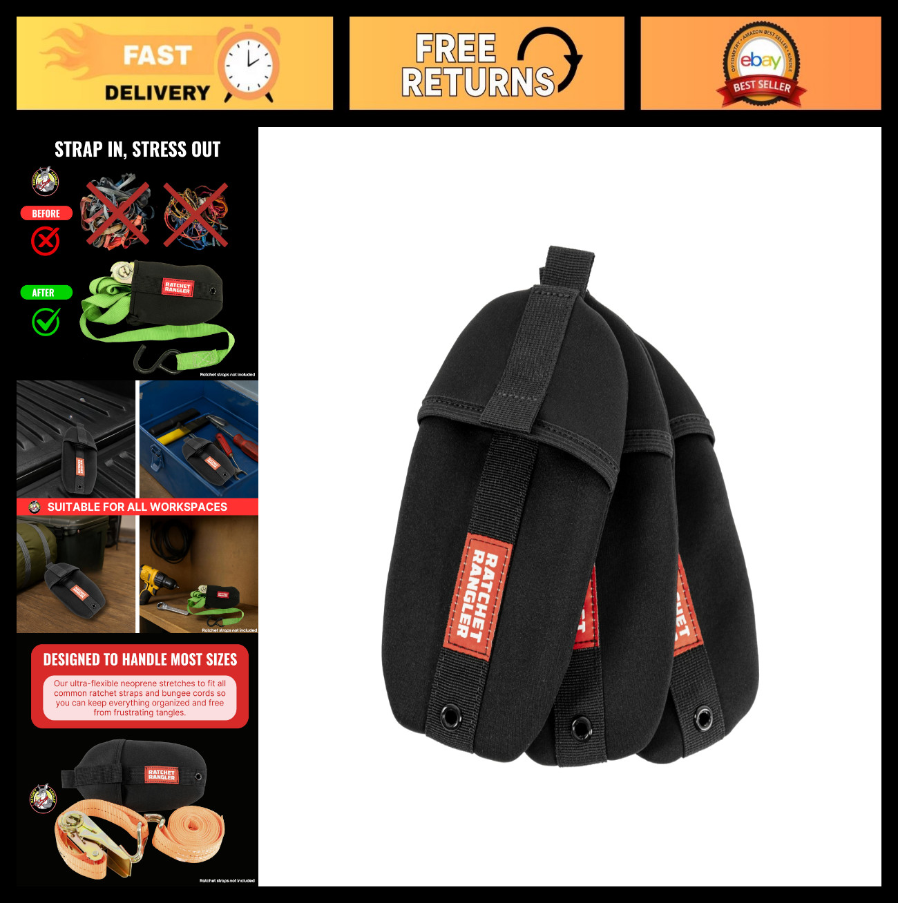 Heavy Duty Ratchet Strap Organizer Pouches (3-Pack) – Tie-Down Storage for RV, T