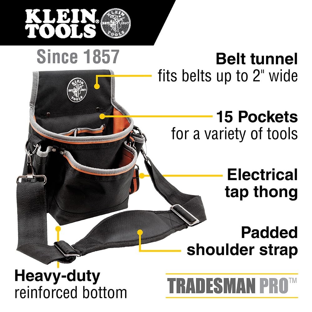 Klein Tools 5243 Tradesman Pro Tool Pouch with One Size, Black/Orange/Gray