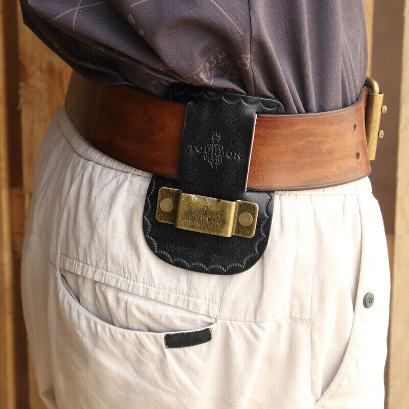 Leather Tape Measure Holster Tool Holder Metal Clip for 2″ Belt in Black