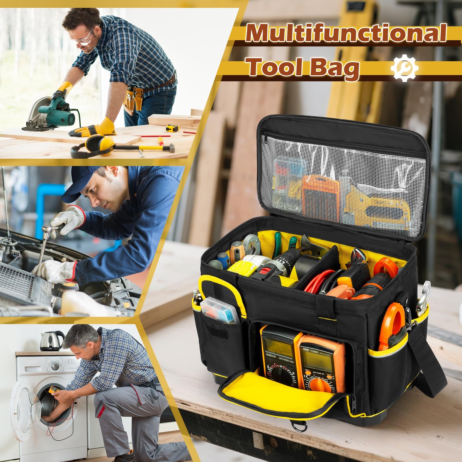 16-inch Tool Bag with Hard Bottom and a 16″ x 12″ x 9″, Black