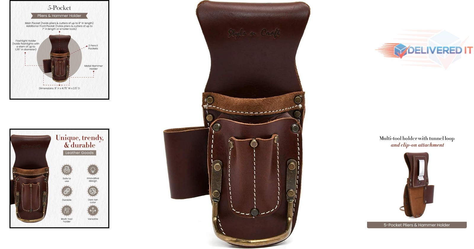 Carpenter’s Leather Tool Pouch 9×4.75in 6 Pockets Belt Clip Hammer Holder