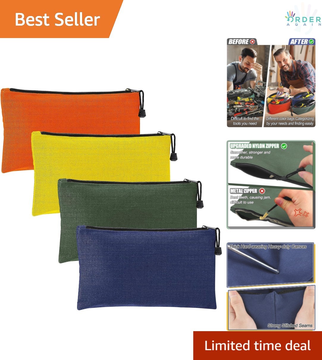 4 Pack Canvas Zipper Pouches 11.2x7in Multipurpose Tool Organizer Bags