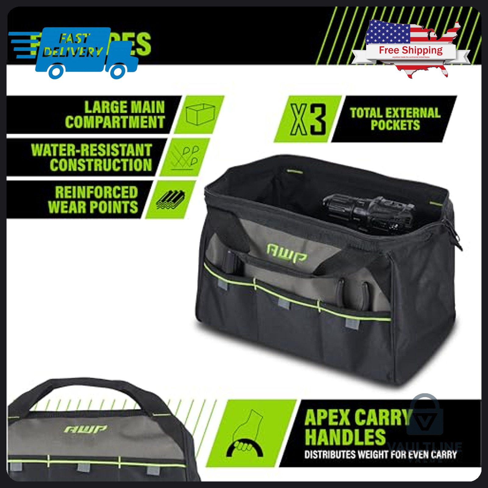 AWP 15 Inch Polyester Tool Bag with 3 Utility Pouches