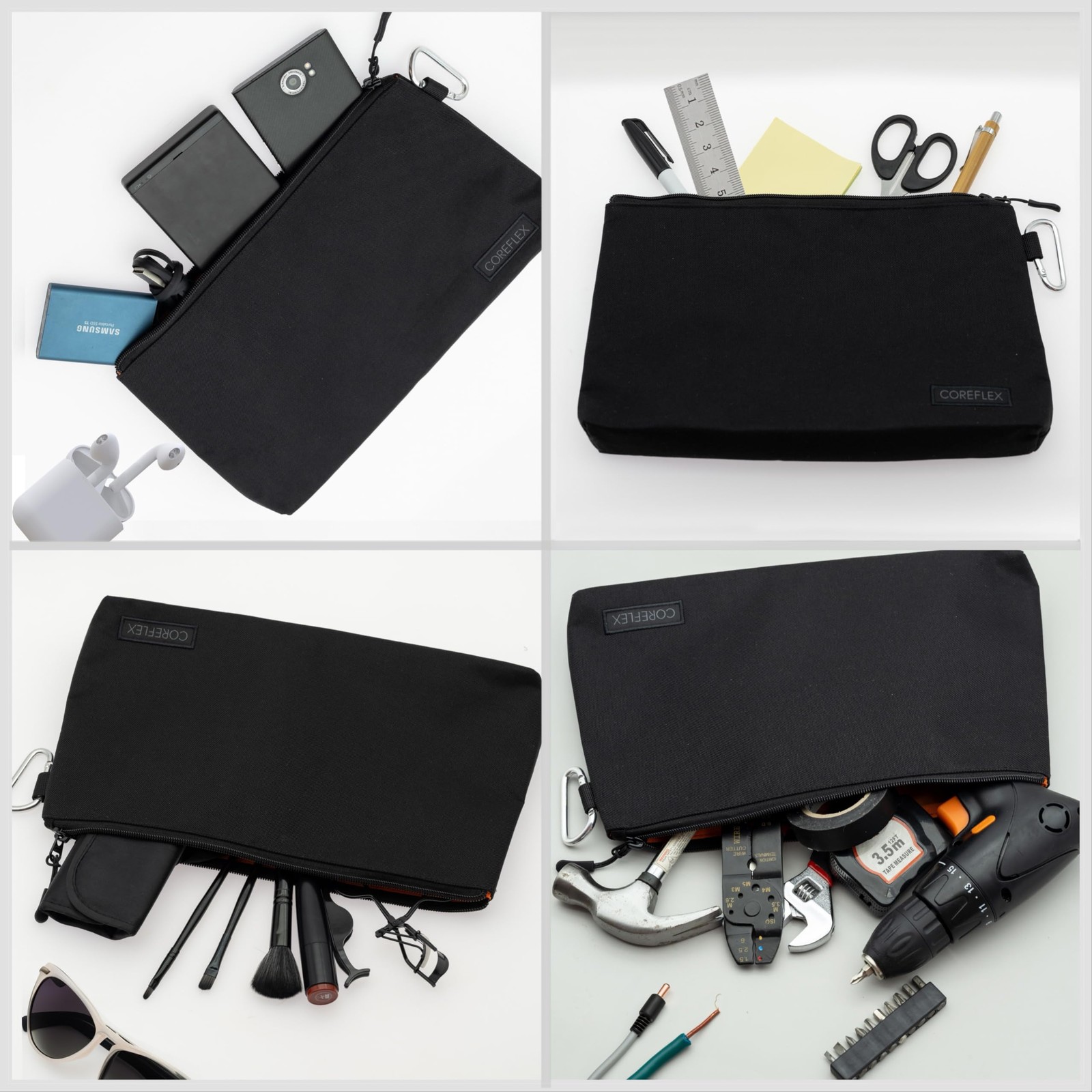 COREFLEX 2 Pack Premium Tool Pouch Zipper Bag 12X7X2, 2 Pack, Grey, Black