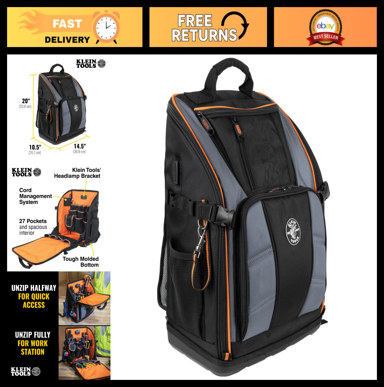 Heavy-Duty Tool Backpack Organizer with 27 Pockets, Large Interior, Molded Botto