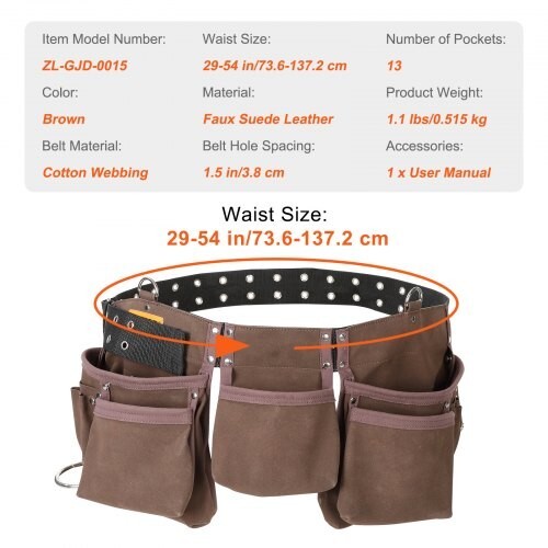 3Pk VEVOR Tool Belt 13 Pockets Adjusts from 29Inches-54Inches Faux Sede Leather