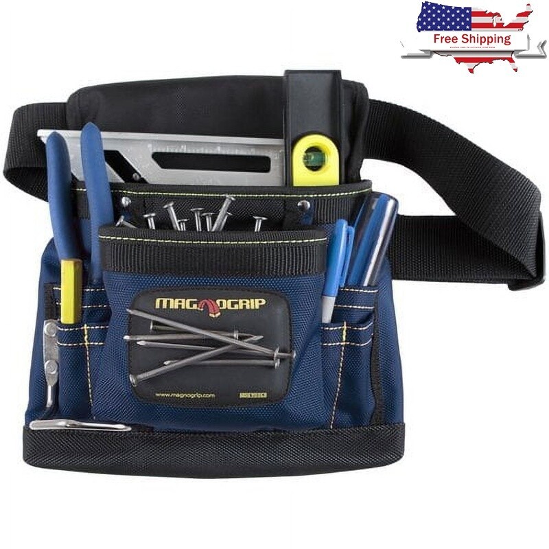 8 Pocket Magnetic Tool Pouch Durable Ballistic Polyester W/ Belt Hammer Holder