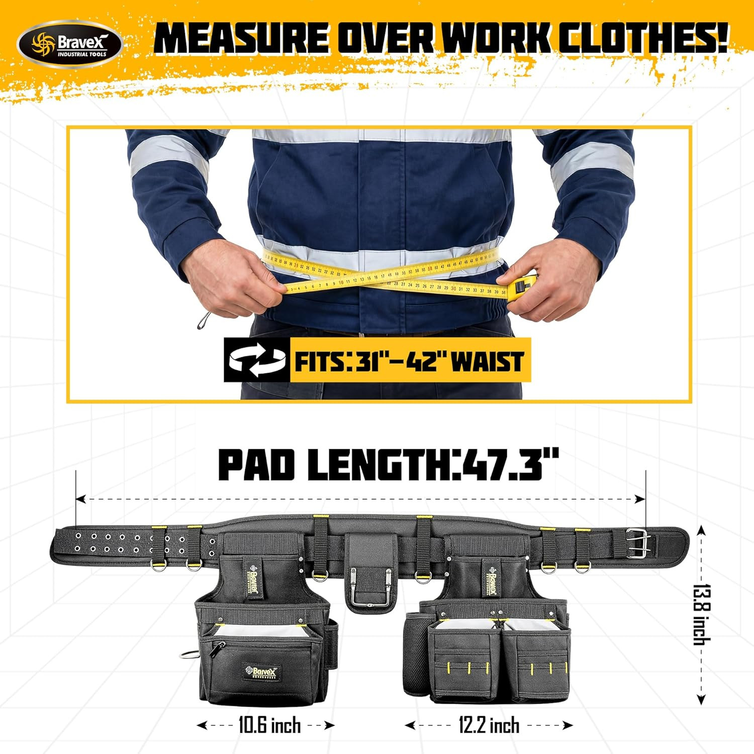 Bravex Tool Belt Suspenders, Tool Vest Pro Ultra 20 Bags H-Style Toolbelt 5 Comb