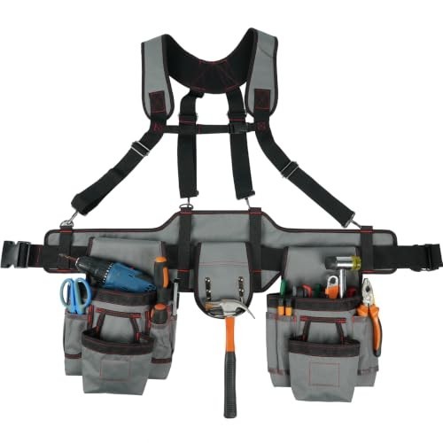Heavy Duty Tool Belt with Suspenders, Adjustable Work Belt, Gray/Black