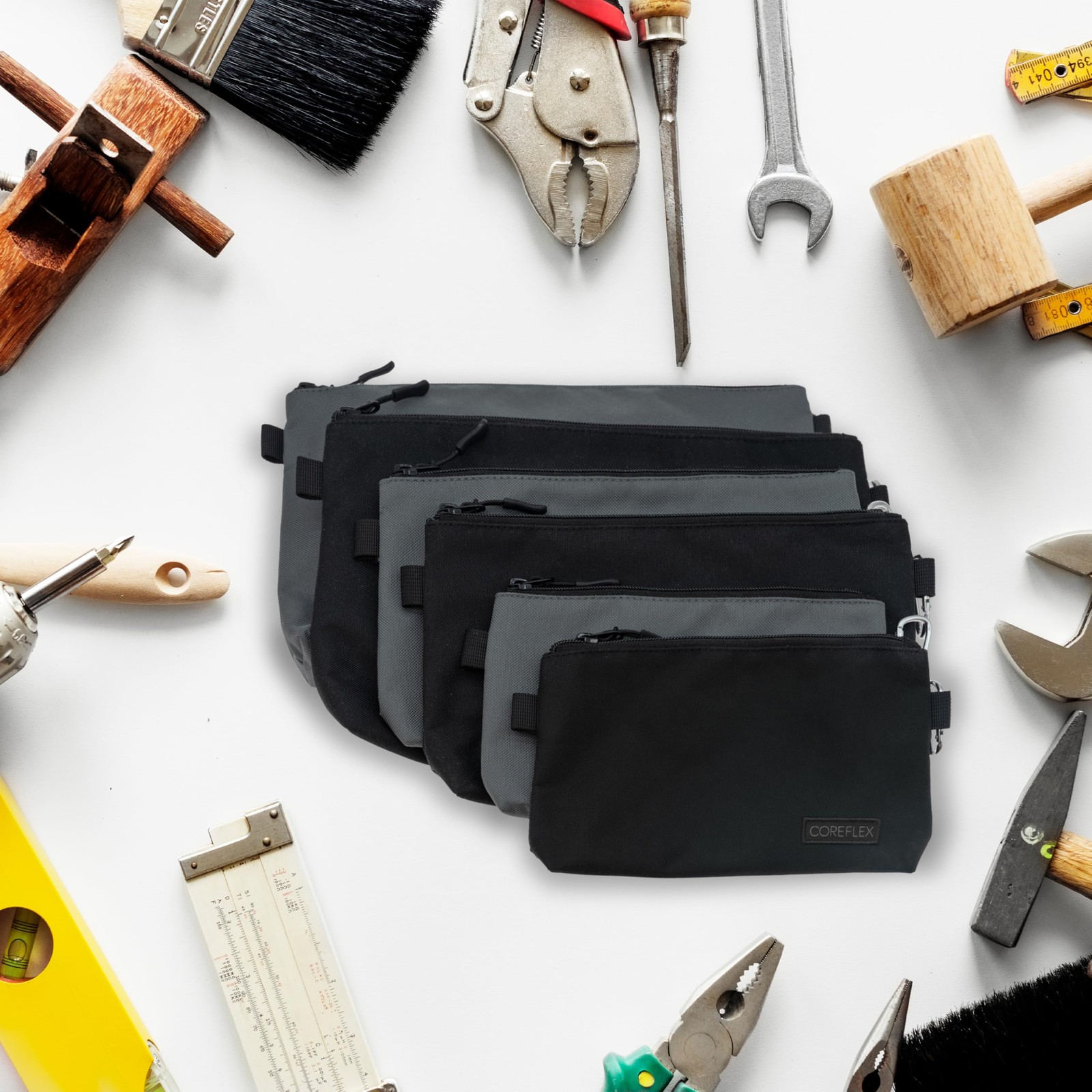 COREFLEX Premium Tool Pouch 6 pack Combo mixed size Black &Grey, black, grey