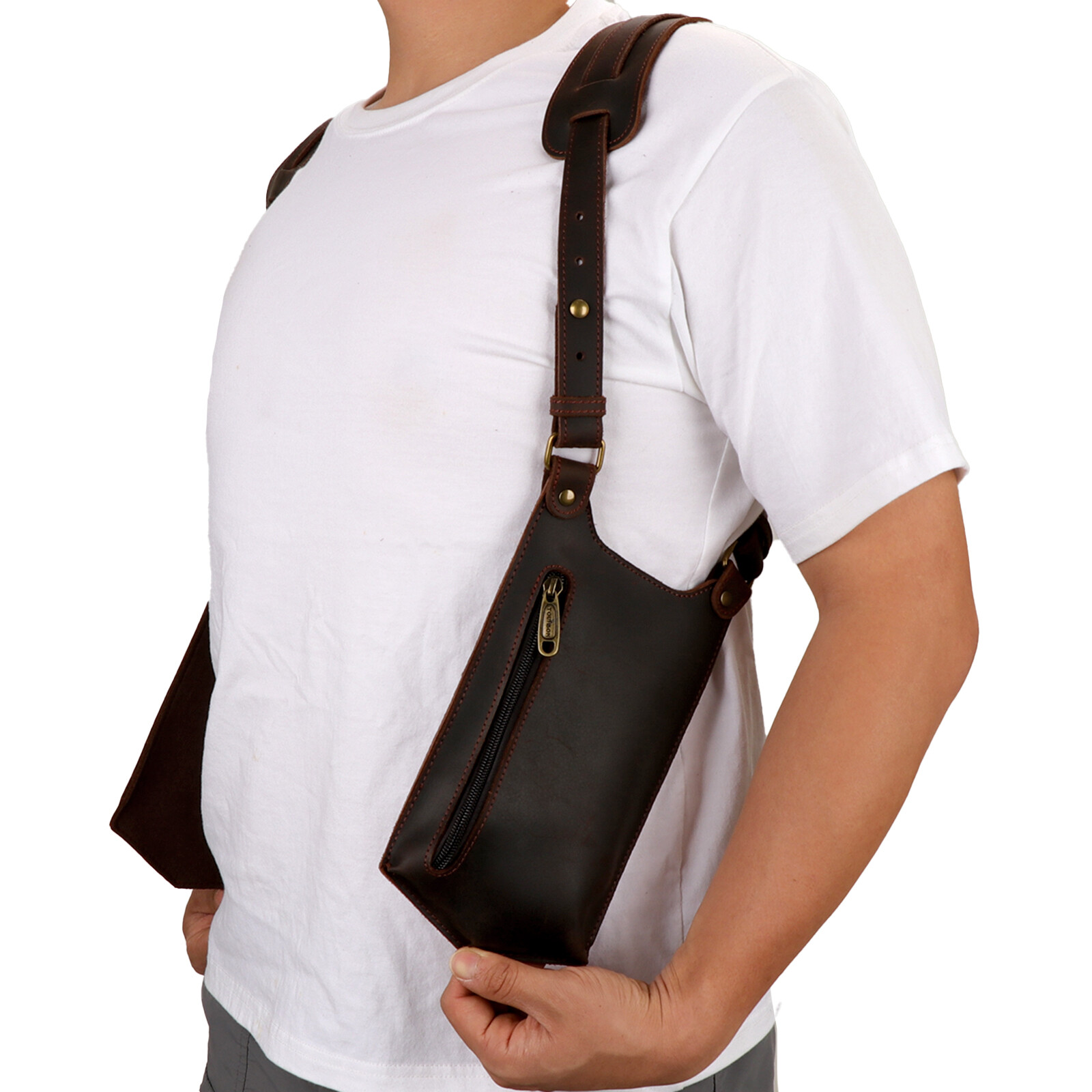 TOURBON Leather Double Phone Underarm Case Suspender Shoulder Wear Harness Bag