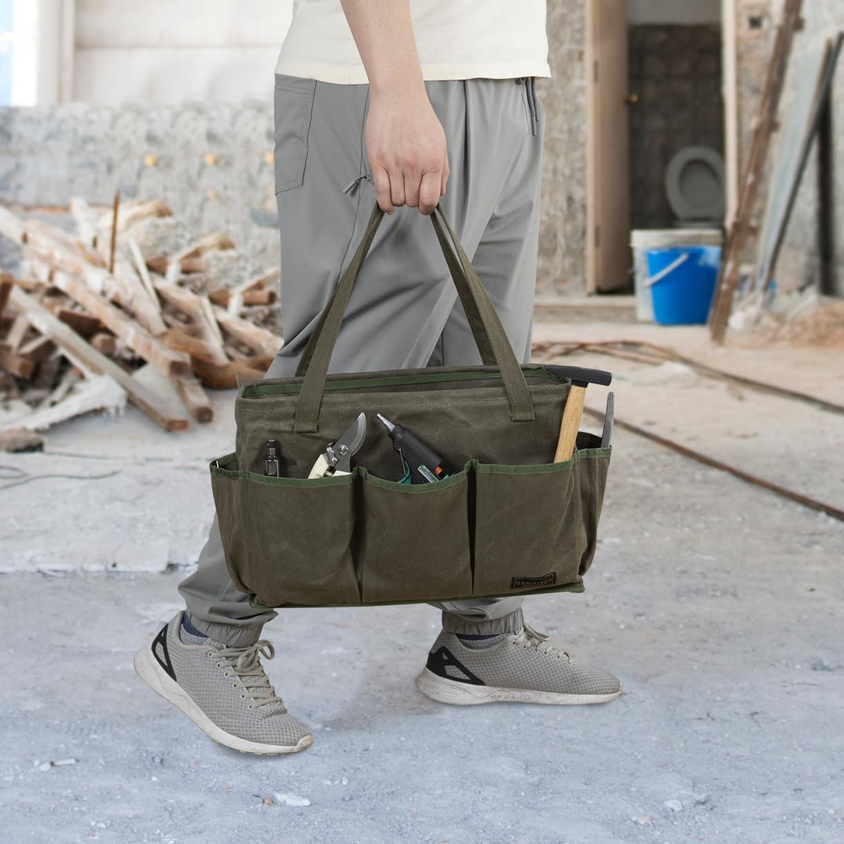 Tool Bag with Metal Frame, Waxed Canvas Wide Open Top Tool Tote Bag with 9 Ex…