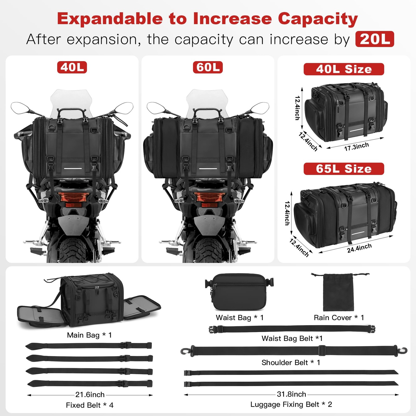P Motorcycle Tail Bag, 40L-60L Expandable Motorcycle Saddle Bags Motorbike Ba…