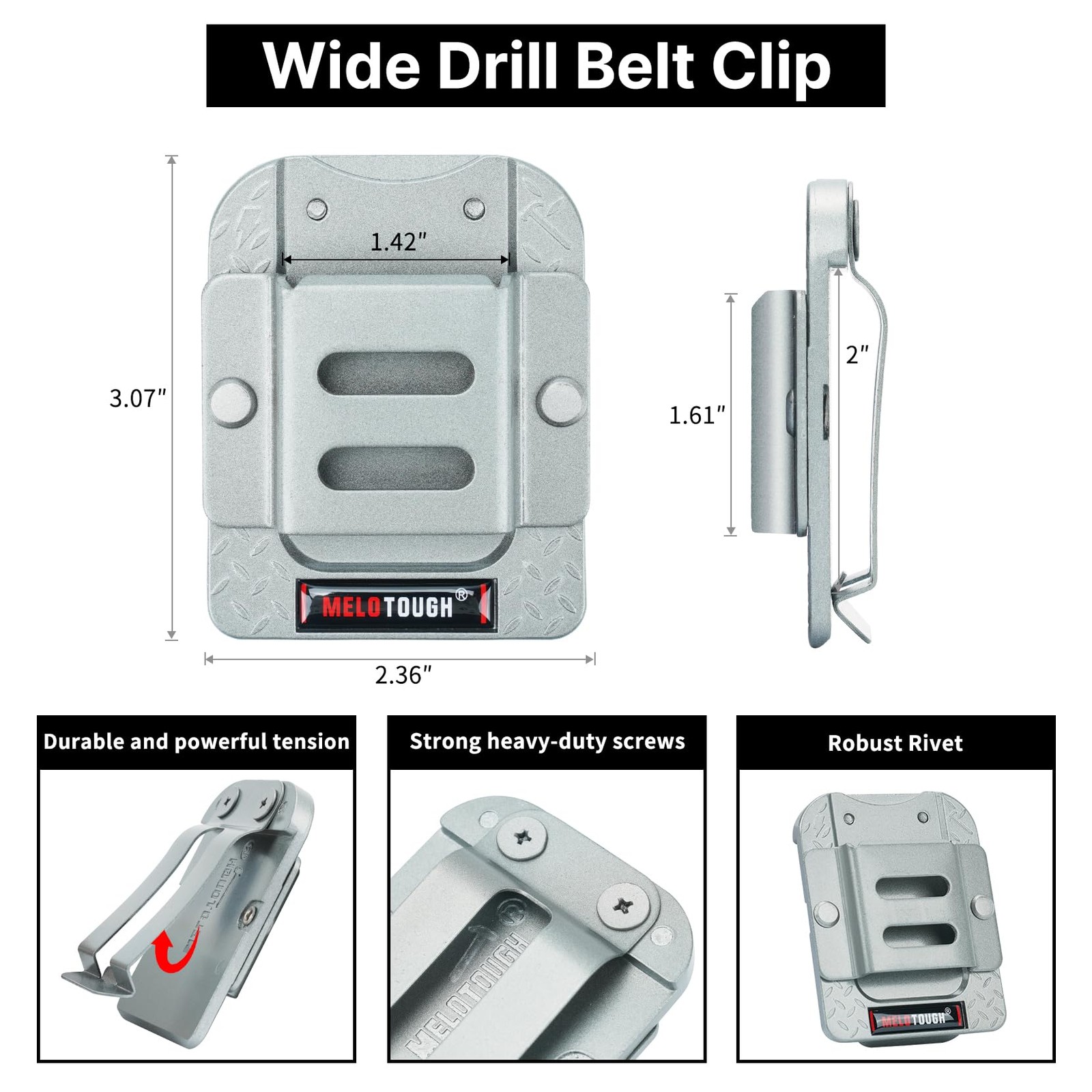 Tape Measure Holder Drill Holder For Tool Belt Fits 1.75 2 Inch Silver