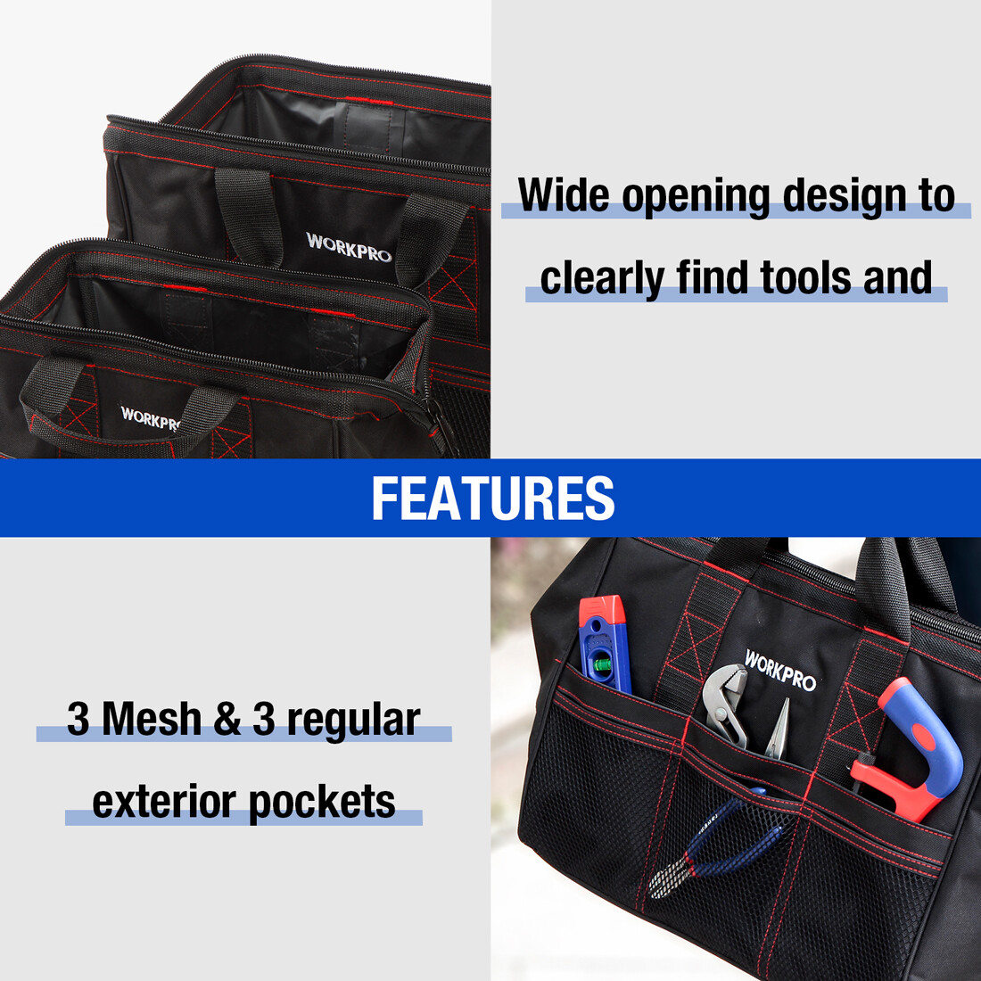 WORKPRO 2-Pack 18″ 13″ Heavy Duty Tool Bag Case Zip Top Wide Open Mouth Storage