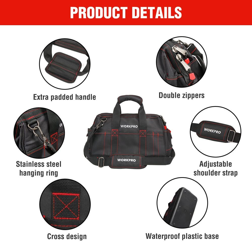 WORKPRO 16″ Zipper Wide Mouth Tool Storage Bag Case Large Capacity w/21 Pockets