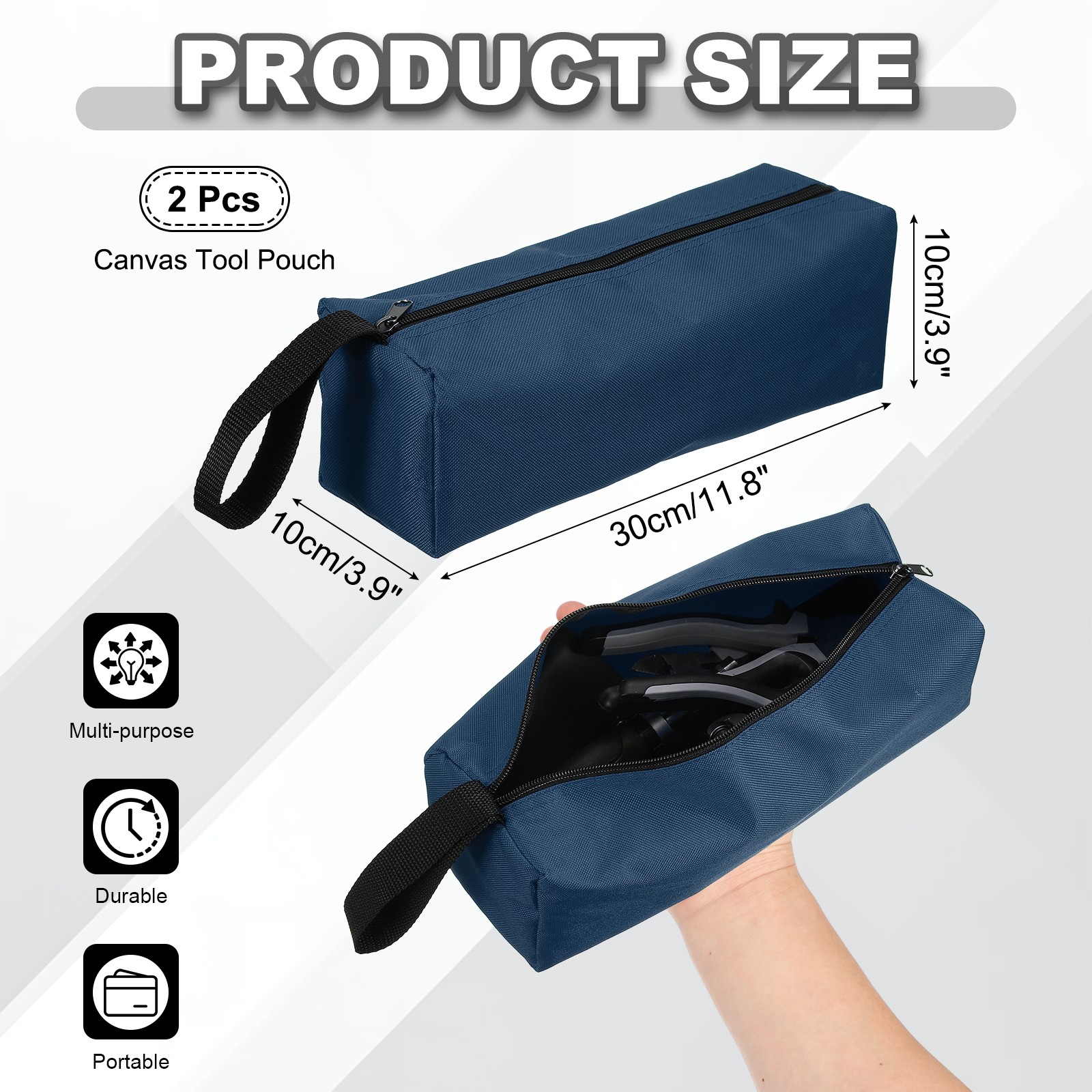 2 Pcs 11.8×3.9×3.9″ Multi Purpose Zipper Canvas Tool Pouch, Navy Blue