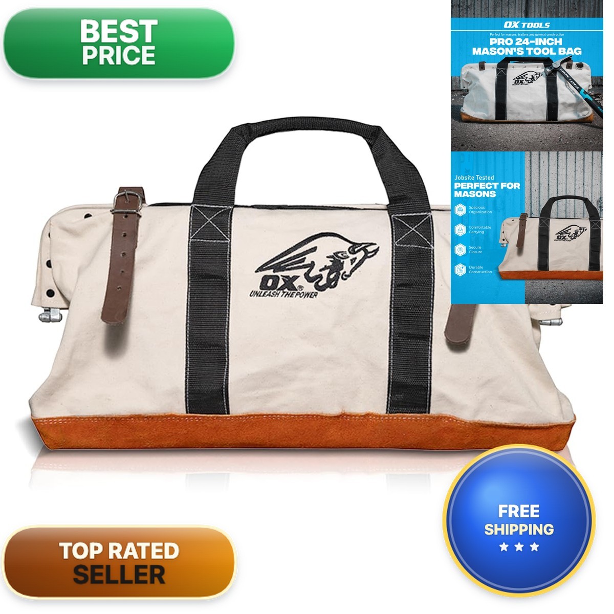 OX Canvas Tool Bag 24 Inch Masonry Heavy Duty Leather Straps
